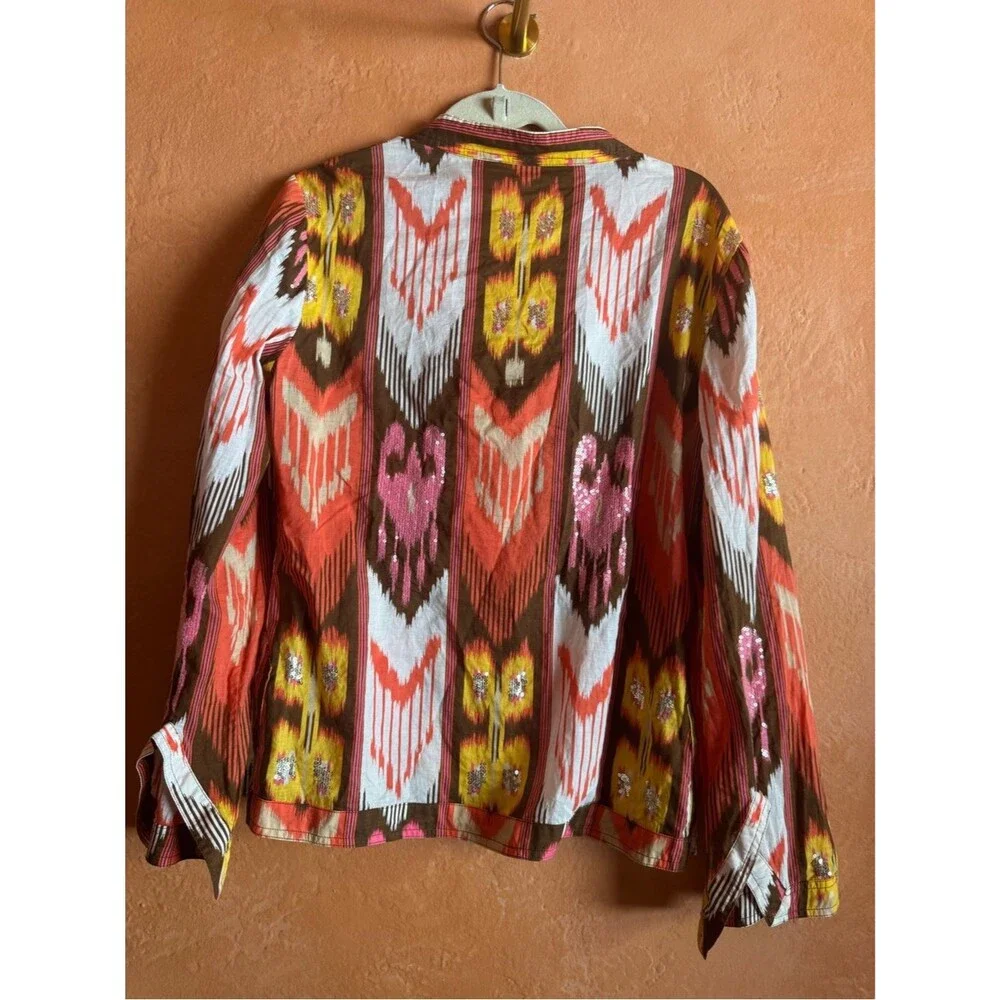 Tory Burch Sequin Ikat Print Cotton Tunic Blouse Size 12